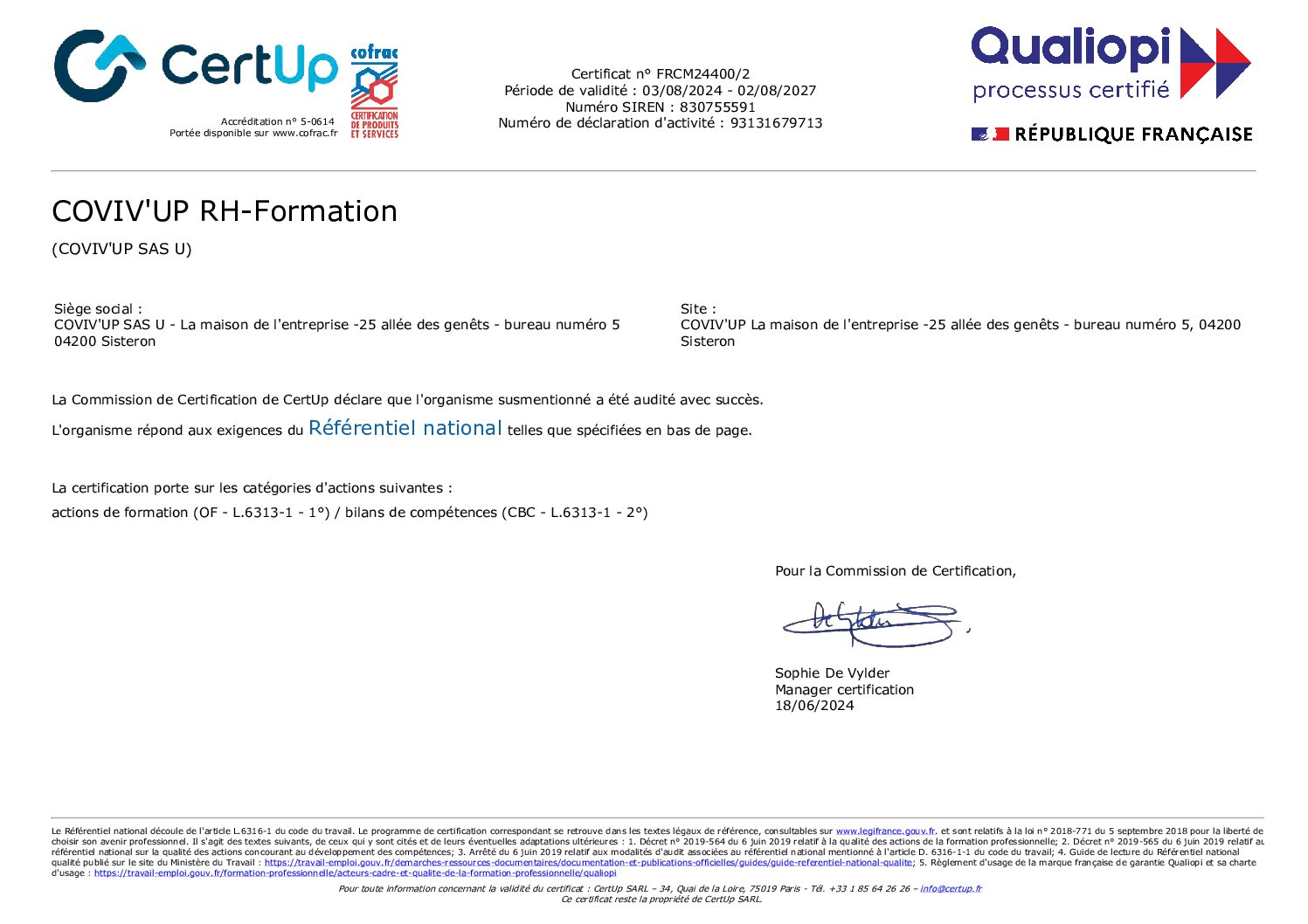 Certification Qualiopi Covip'UP - RH Formation