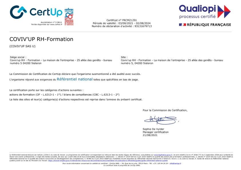 Certification Qualiopi Covip'UP - RH Formation